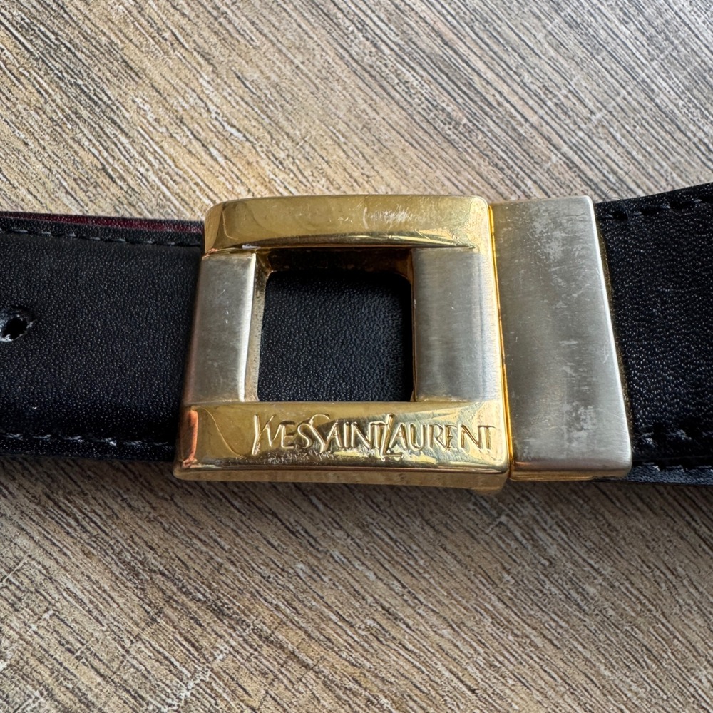 Yves Saint Laurent YSL Mens Reversible Leather Belt Black Burgundy Size 46